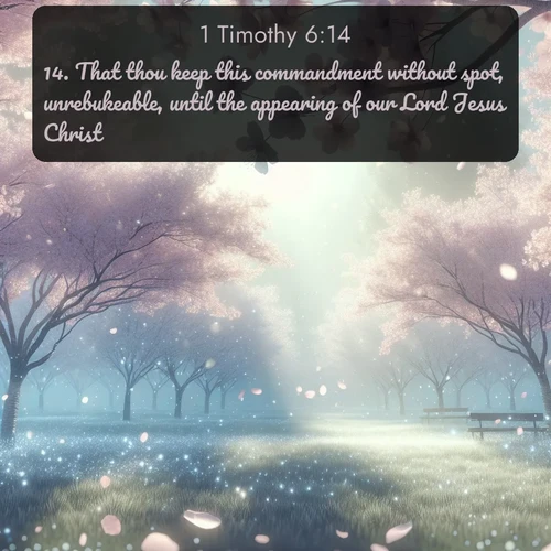 citation biblique : 14. That thou keep this commandment without spot, unrebukeable, until the appearing of our Lord Jesus Christ:
 sur fond image nature