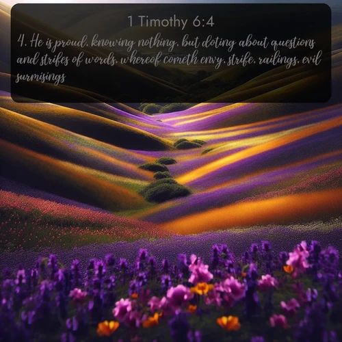 citation biblique : 4. He is proud, knowing nothing, but doting about questions and strifes of words, whereof cometh envy, strife, railings, evil surmisings,
 sur fond image nature
