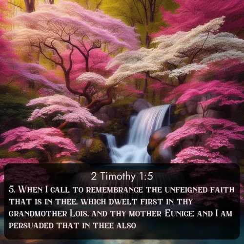 KJV 2 Timothy  ; image nature: image with the bible verse :When I call to remembrance the unfeigned faith that is in thee, which dwelt first in thy grandmother Lois, and thy mother Eunice; and I am persuaded that in thee also. ; Explore serene Bible verse images adorned with photos of divine creation—tranquil beaches, snowy mountains, and starry skies. Each image is free to download and share. Verses include KJV 2 Timothy 1:5. Current verse is overlayed with the thematic nature scene : A spring cascade plunges into a pool surrounded by flowering dogwood. ; 1:5