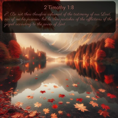 citation biblique : 8. Be not thou therefore ashamed of the testimony of our Lord, nor of me his prisoner: but be thou partaker of the afflictions of the gospel according to the power of God;
 sur fond image nature