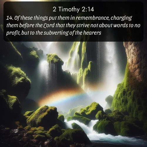 citation biblique : 14. Of these things put them in remembrance, charging them before the Lord that they strive not about words to no profit, but to the subverting of the hearers.
 sur fond image nature