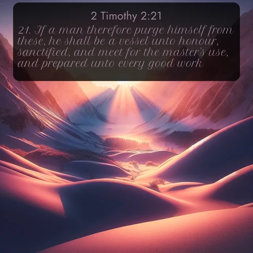 citation biblique : 21. If a man therefore purge himself from these, he shall be a vessel unto honour, sanctified, and meet for the master&#039;s use, and prepared unto every good work.
 sur fond image nature