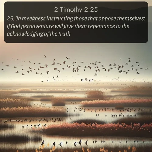 citation biblique : 25. In meekness instructing those that oppose themselves; if God peradventure will give them repentance to the acknowledging of the truth;
 sur fond image nature