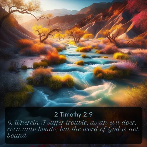 citation biblique : 9. Wherein I suffer trouble, as an evil doer, even unto bonds; but the word of God is not bound.
 sur fond image nature