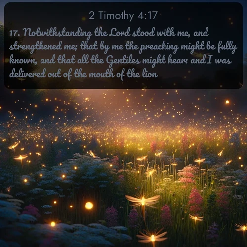 citation biblique : 17. Notwithstanding the Lord stood with me, and strengthened me; that by me the preaching might be fully known, and that all the Gentiles might hear: and I was delivered out of the mouth of the lion.
 sur fond image nature