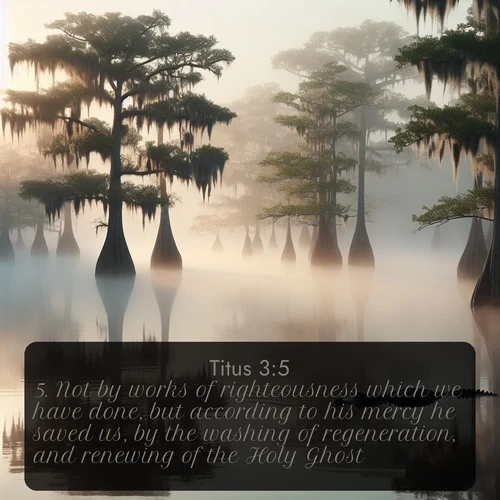citation biblique : 5. Not by works of righteousness which we have done, but according to his mercy he saved us, by the washing of regeneration, and renewing of the Holy Ghost;
 sur fond image nature