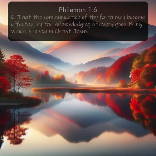 citation biblique : 6. That the communication of thy faith may become effectual by the acknowledging of every good thing which is in you in Christ Jesus.
 sur fond image nature