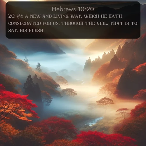 KJV Hebrews  ; image nature: image with the bible verse :By a new and living way, which he hath consecrated for us, through the veil, that is to say, his flesh; ; Discover Bible verse images capturing the warmth of summer, with beach landscapes, sunlit fields, and clear skies. These bright scenes reflect divine joy. Share verses like KJV Hebrews 10:20. Current verse is overlayed with the thematic nature scene : Autumn mist rises from a valley dotted with red and gold maples. ; 10:20