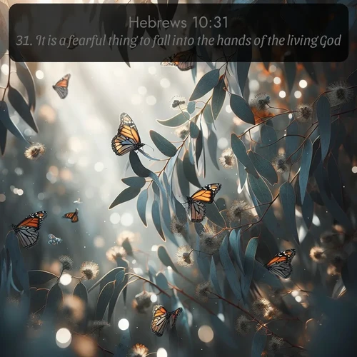 KJV Hebrews  ; image nature: image with the bible verse :It is a fearful thing to fall into the hands of the living God. ; Explore beautiful Bible verse images paired with serene natural settings, such as calm seas, snowy paths, and verdant hills. Each image is free to download for your spiritual inspiration. Share KJV Hebrews 10:31. Current verse is overlayed with the thematic nature scene : Monarch butterflies cluster on eucalyptus branches in winter sun. ; 10:31