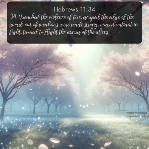 citation biblique : 34. Quenched the violence of fire, escaped the edge of the sword, out of weakness were made strong, waxed valiant in fight, turned to flight the armies of the aliens.
 sur fond image nature