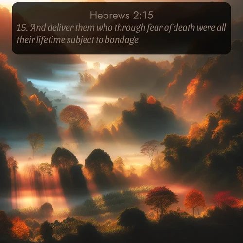 KJV Hebrews 2:15 overlaying nature image scene: Autumn mist rises from warming morning valleys.;15. And deliver them who through fear of death were all their lifetime subject to bondage.