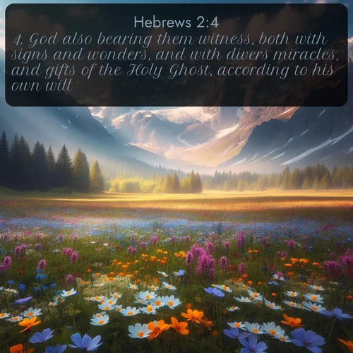 KJV Hebrews 2:4 overlaying nature image scene: Spring wildflowers carpet an alpine meadow beneath snow-capped peaks.;4. God also bearing them witness, both with signs and wonders, and with divers miracles, and gifts of the Holy Ghost, according to his own will?