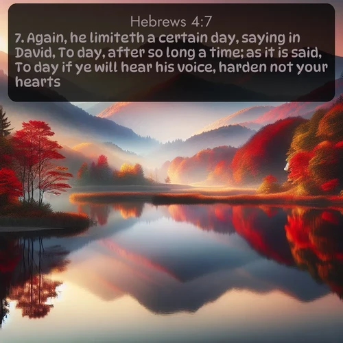 KJV Hebrews 4:7 overlaying nature image scene: Autumn colors reflect in a still mountain lake at sunrise.;7. Again, he limiteth a certain day, saying in David, To day, after so long a time; as it is said, To day if ye will hear his voice, harden not your hearts.