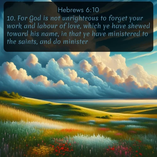 citation biblique : 10. For God is not unrighteous to forget your work and labour of love, which ye have shewed toward his name, in that ye have ministered to the saints, and do minister.
 sur fond image nature