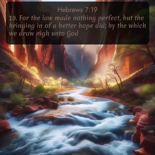 citation biblique : 19. For the law made nothing perfect, but the bringing in of a better hope did; by the which we draw nigh unto God.
 sur fond image nature
