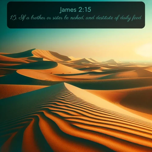 KJV James 2:15 overlaying nature image scene: Desert dunes ripple endlessly under the scorching sun, their golden crests sharp against the azure sky. A sidewinder's tracks weave delicate patterns in the sand.;15. If a brother or sister be naked, and destitute of daily food,
