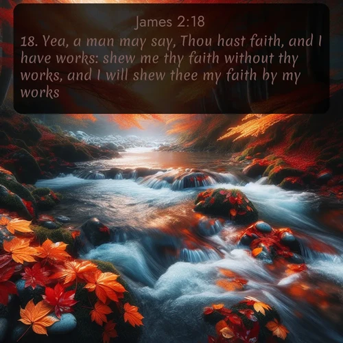 citation biblique : 18. Yea, a man may say, Thou hast faith, and I have works: shew me thy faith without thy works, and I will shew thee my faith by my works.
 sur fond image nature