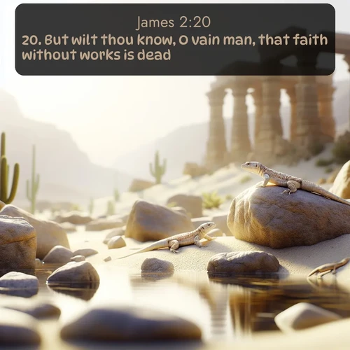 KJV James  ; image nature: image with the bible verse :But wilt thou know, O vain man, that faith without works is dead? ; Admire Bible verse images capturing the beauty of beaches, with turquoise waters, palm trees, and peaceful shores. These soothing scenes reflect God&#039;s serenity and majesty. Download and share verses like KJV James 2:20. Current verse is overlayed with the thematic nature scene : Desert lizards bask on sun-warmed rocks near ancient ruins. ; 2:20