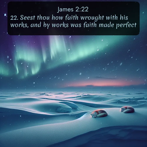 KJV James  ; image nature: image with the bible verse :Seest thou how faith wrought with his works, and by works was faith made perfect? ; Browse a large collection of Bible verse images with photos showcasing the splendor of nature. Scenes of peaceful rivers, verdant valleys, and radiant skies enhance the inspiring verses. Each image reflects the serenity and joy of God&#039;s creation, with elegant text fonts. Download and share verses such as KJV James 2:22. Current verse is overlayed with the thematic nature scene : Northern lights dance across the frozen tundra in ribbons of green and purple. Snow falls silently on sleeping arctic foxes. ; 2:22