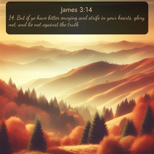 KJV James  ; image nature: image with the bible verse :But if ye have bitter envying and strife in your hearts, glory not, and lie not against the truth. ; Dive into our collection of Bible verse images combined with sublime nature photos, such as graceful waterfalls, radiant sunsets, and endless meadows. These compositions highlight the peace and harmony of God&#039;s creation with vivid colors and carefully integrated text. Download and share verses like KJV James 3:14. Current verse is overlayed with the thematic nature scene : Autumn colors paint hillsides in warm earth tones. ; 3:14