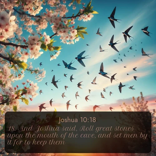 citation biblique : 18. And Joshua said, Roll great stones upon the mouth of the cave, and set men by it for to keep them:
 sur fond image nature