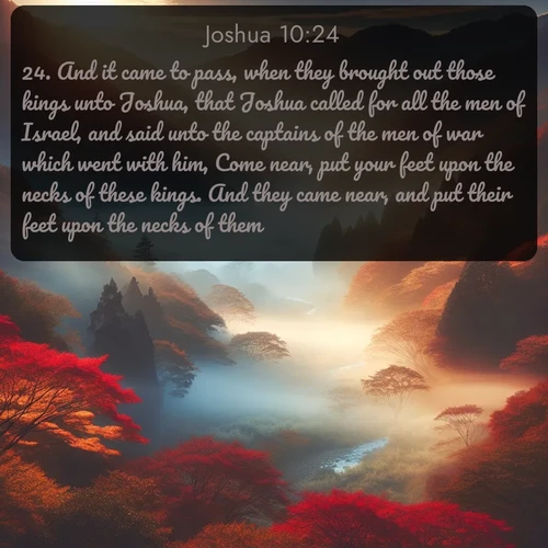 citation biblique : 24. And it came to pass, when they brought out those kings unto Joshua, that Joshua called for all the men of Israel, and said unto the captains of the men of war which went with him, Come near, put your feet upon the necks of these kings. And they came near, and put their feet upon the necks of them.
 sur fond image nature