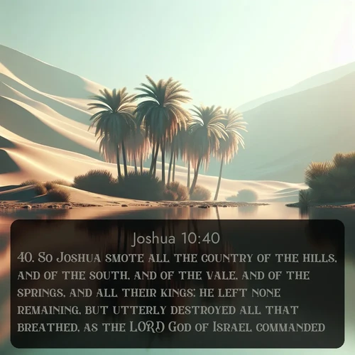 citation biblique : 40. So Joshua smote all the country of the hills, and of the south, and of the vale, and of the springs, and all their kings: he left none remaining, but utterly destroyed all that breathed, as the LORD God of Israel commanded.
 sur fond image nature