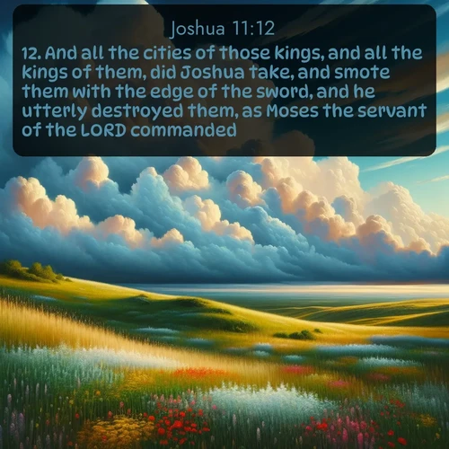 citation biblique : 12. And all the cities of those kings, and all the kings of them, did Joshua take, and smote them with the edge of the sword, and he utterly destroyed them, as Moses the servant of the LORD commanded.
 sur fond image nature