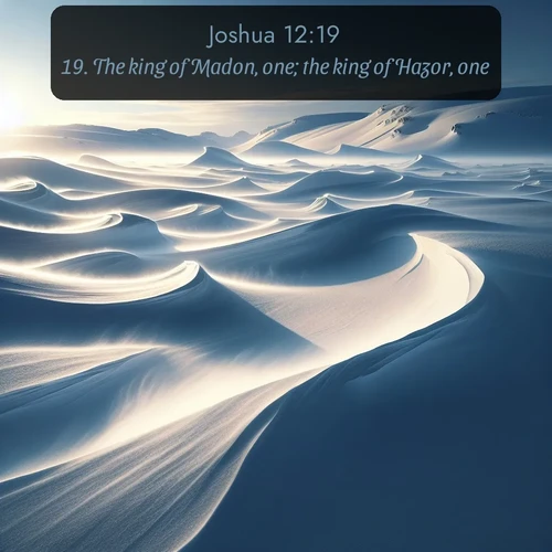 KJV Joshua  ; image nature: image with the bible verse :The king of Madon, one; the king of Hazor, one; ; Discover Bible images capturing the splendor of deserts, with golden dunes, vast skies, and peaceful oases. These landscapes highlight the grandeur and serenity of God&#039;s creation. Share verses like KJV Joshua 12:19. Current verse is overlayed with the thematic nature scene : Winter winds sculpt snow into graceful dunes across the tundra. ; 12:19
