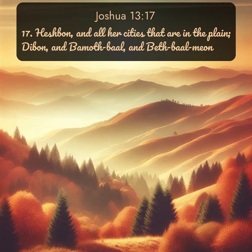 KJV Joshua 13:17 overlaying nature image scene: Autumn colors paint hillsides in warm earth tones.;17. Heshbon, and all her cities that are in the plain; Dibon, and Bamoth-baal, and Beth-baal-meon,