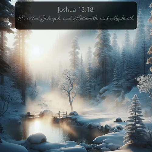 KJV Joshua 13:18 overlaying nature image scene: Morning mist rises from a hot spring in a snow-covered forest.;18. And Jahazah, and Kedemoth, and Mephaath,
