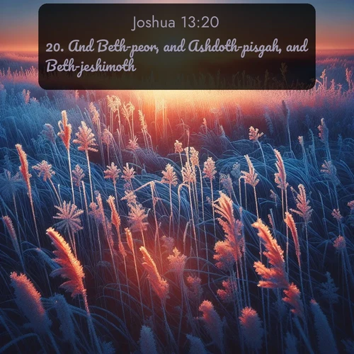 KJV Joshua  ; image nature: image with the bible verse :And Beth-peor, and Ashdoth-pisgah, and Beth-jeshimoth, ; Discover our curated gallery of Bible verse images with breathtaking scenery, from tranquil deserts to lush green pastures. Perfect for phone wallpapers or sharing online. Download verses like KJV Joshua 13:20. Current verse is overlayed with the thematic nature scene : Winter sunrise illuminates frost-covered prairie grass. ; 13:20