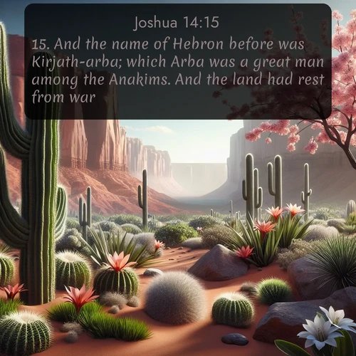 citation biblique : 15. And the name of Hebron before was Kirjath-arba; which Arba was a great man among the Anakims. And the land had rest from war.
 sur fond image nature