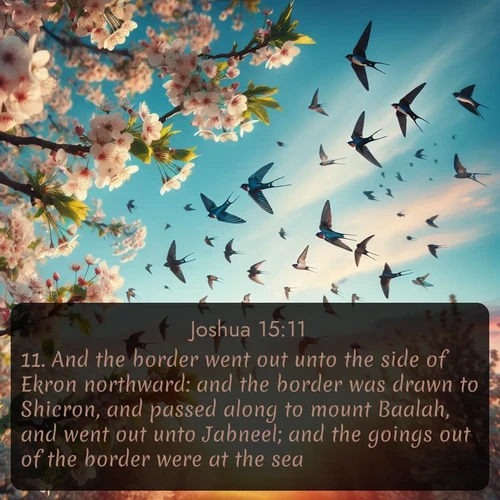 citation biblique : 11. And the border went out unto the side of Ekron northward: and the border was drawn to Shicron, and passed along to mount Baalah, and went out unto Jabneel; and the goings out of the border were at the sea.
 sur fond image nature