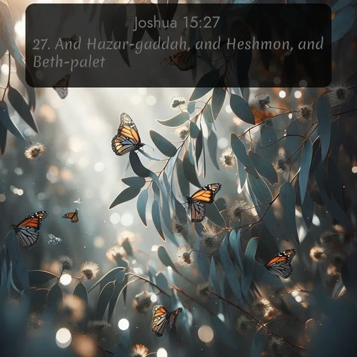 citation biblique : 27. And Hazar-gaddah, and Heshmon, and Beth-palet,
 sur fond image nature