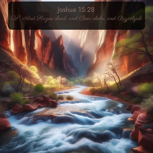 citation biblique : 28. And Hazar-shual, and Beer-sheba, and Bizjothjah,
 sur fond image nature