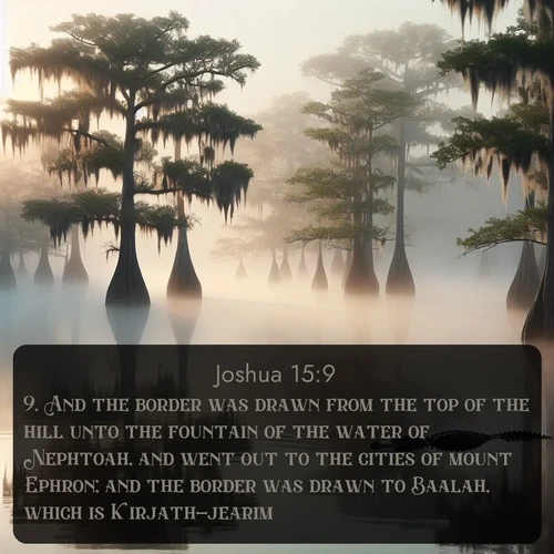 citation biblique : 9. And the border was drawn from the top of the hill unto the fountain of the water of Nephtoah, and went out to the cities of mount Ephron; and the border was drawn to Baalah, which is Kirjath-jearim:
 sur fond image nature