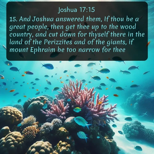 citation biblique : 15. And Joshua answered them, If thou be a great people, then get thee up to the wood country, and cut down for thyself there in the land of the Perizzites and of the giants, if mount Ephraim be too narrow for thee.
 sur fond image nature