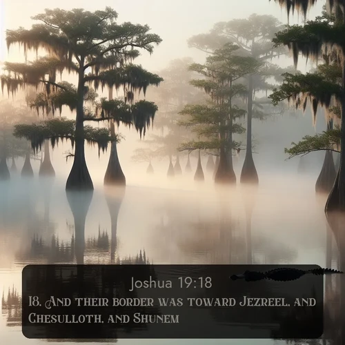 citation biblique : 18. And their border was toward Jezreel, and Chesulloth, and Shunem,
 sur fond image nature