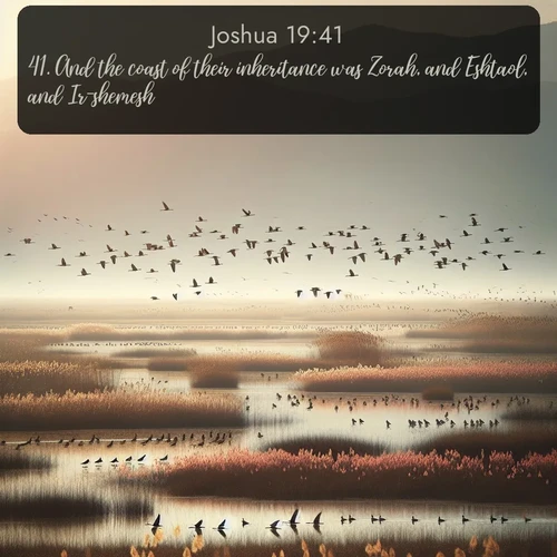 citation biblique : 41. And the coast of their inheritance was Zorah, and Eshtaol, and Ir-shemesh,
 sur fond image nature