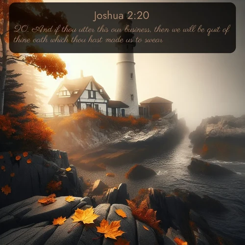 KJV Joshua  ; image nature: image with the bible verse :And if thou utter this our business, then we will be quit of thine oath which thou hast made us to swear. ; Browse our collection of vibrant Bible verse images set against calming backdrops like tropical shores, quiet woods, and majestic mountains. Download free wallpapers featuring KJV Joshua 2:20. Current verse is overlayed with the thematic nature scene : Autumn fog shrouds a lighthouse on rocky shores. ; 2:20