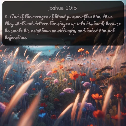 KJV Joshua  ; image nature: image with the bible verse :And if the avenger of blood pursue after him, then they shall not deliver the slayer up into his hand; because he smote his neighbour unwittingly, and hated him not beforetime. ; Explore a unique collection of Bible verses illustrated by winter landscapes, such as snowy mountains, frosty forests, and starry skies. These images capture the peace and beauty of winter. Share verses like KJV Joshua 20:5. Current verse is overlayed with the thematic nature scene : Summer wildflowers wave in the breeze on coastal bluffs. ; 20:5