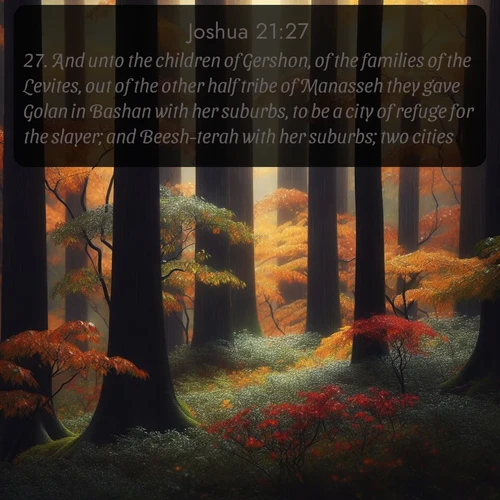 citation biblique : 27. And unto the children of Gershon, of the families of the Levites, out of the other half tribe of Manasseh they gave Golan in Bashan with her suburbs, to be a city of refuge for the slayer; and Beesh-terah with her suburbs; two cities.
 sur fond image nature