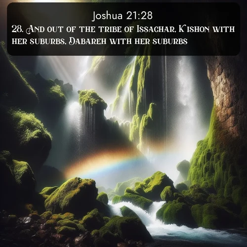 citation biblique : 28. And out of the tribe of Issachar, Kishon with her suburbs, Dabareh with her suburbs,
 sur fond image nature