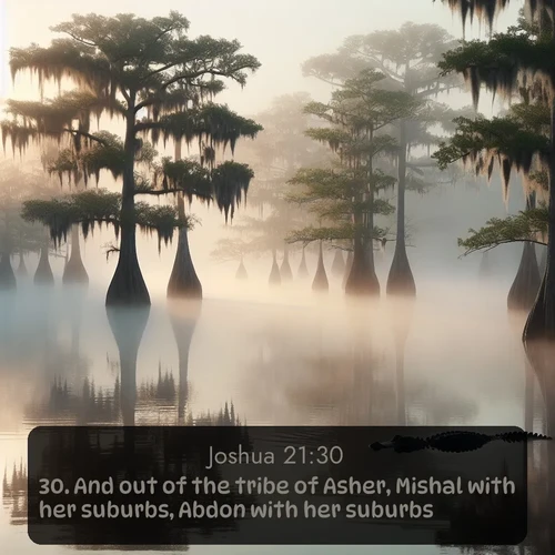citation biblique : 30. And out of the tribe of Asher, Mishal with her suburbs, Abdon with her suburbs,
 sur fond image nature