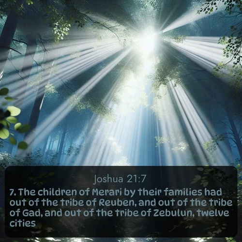citation biblique : 7. The children of Merari by their families had out of the tribe of Reuben, and out of the tribe of Gad, and out of the tribe of Zebulun, twelve cities.
 sur fond image nature