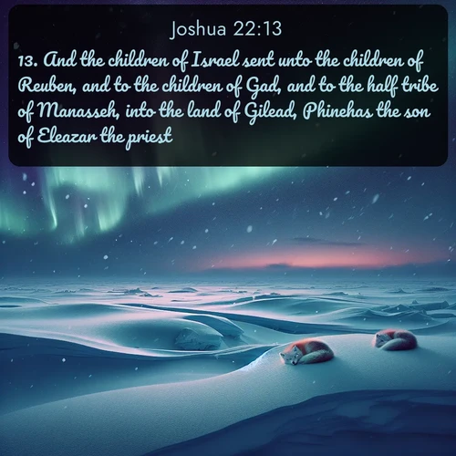citation biblique : 13. And the children of Israel sent unto the children of Reuben, and to the children of Gad, and to the half tribe of Manasseh, into the land of Gilead, Phinehas the son of Eleazar the priest,
 sur fond image nature