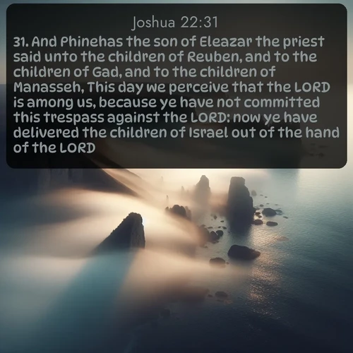 citation biblique : 31. And Phinehas the son of Eleazar the priest said unto the children of Reuben, and to the children of Gad, and to the children of Manasseh, This day we perceive that the LORD is among us, because ye have not committed this trespass against the LORD: now ye have delivered the children of Israel out of the hand of the LORD.
 sur fond image nature