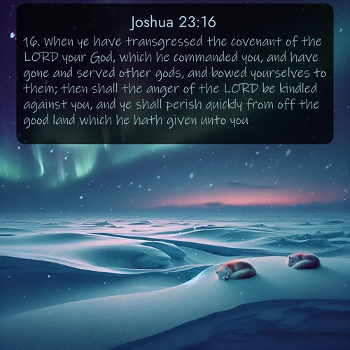 KJV Joshua  ; image nature: image with the bible verse :When ye have transgressed the covenant of the LORD your God, which he commanded you, and have gone and served other gods, and bowed yourselves to them; then shall the anger of the LORD be kindled against you, and ye shall perish quickly from off the good land which he hath given unto you. ; Explore an inspiring selection of Bible verse images adorned with nature photos, such as starry skies, verdant hills, and golden beaches. Each image reflects the peace and beauty of God&#039;s creation with vibrant colors and varied fonts. Share uplifting verses like KJV Joshua 23:16. Current verse is overlayed with the thematic nature scene : Northern lights dance across the frozen tundra in ribbons of green and purple. Snow falls silently on sleeping arctic foxes. ; 23:16
