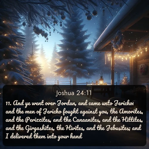 KJV Joshua 24:11 overlaying nature image scene: Winter silence falls with evening snow.;11. And ye went over Jordan, and came unto Jericho: and the men of Jericho fought against you, the Amorites, and the Perizzites, and the Canaanites, and the Hittites, and the Girgashites, the Hivites, and the Jebusites; and I delivered them into your hand.